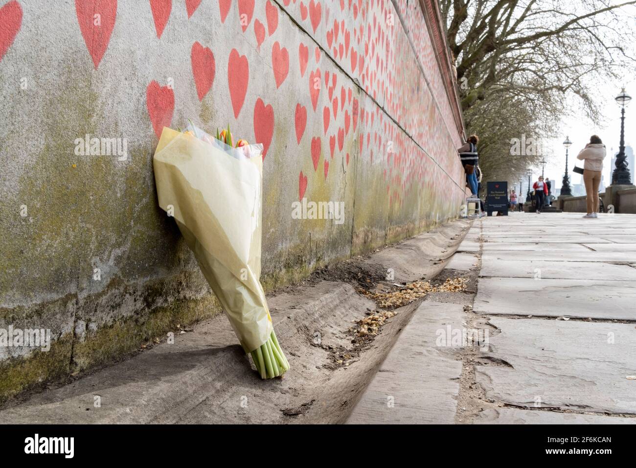 Corazones rojos que forman el Muro Conmemorativo Nacional Covid, un homenaje a las más de 150.000 víctimas británicas de la pandemia del Coronavirus el 1st de abril de 2021, en Londres, Reino Unido. Familiares y amigos de las víctimas de Covid-19 han comenzado a trabajar en la pared situada en las afueras del Hospital de St Thomas. Foto de stock