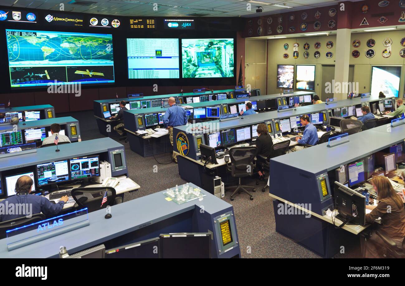 EE.UU., Texas, Houston NASA/Johnson Space Center, Centro Espacial Houston, la sala de control para lanzamientos espaciales Foto de stock