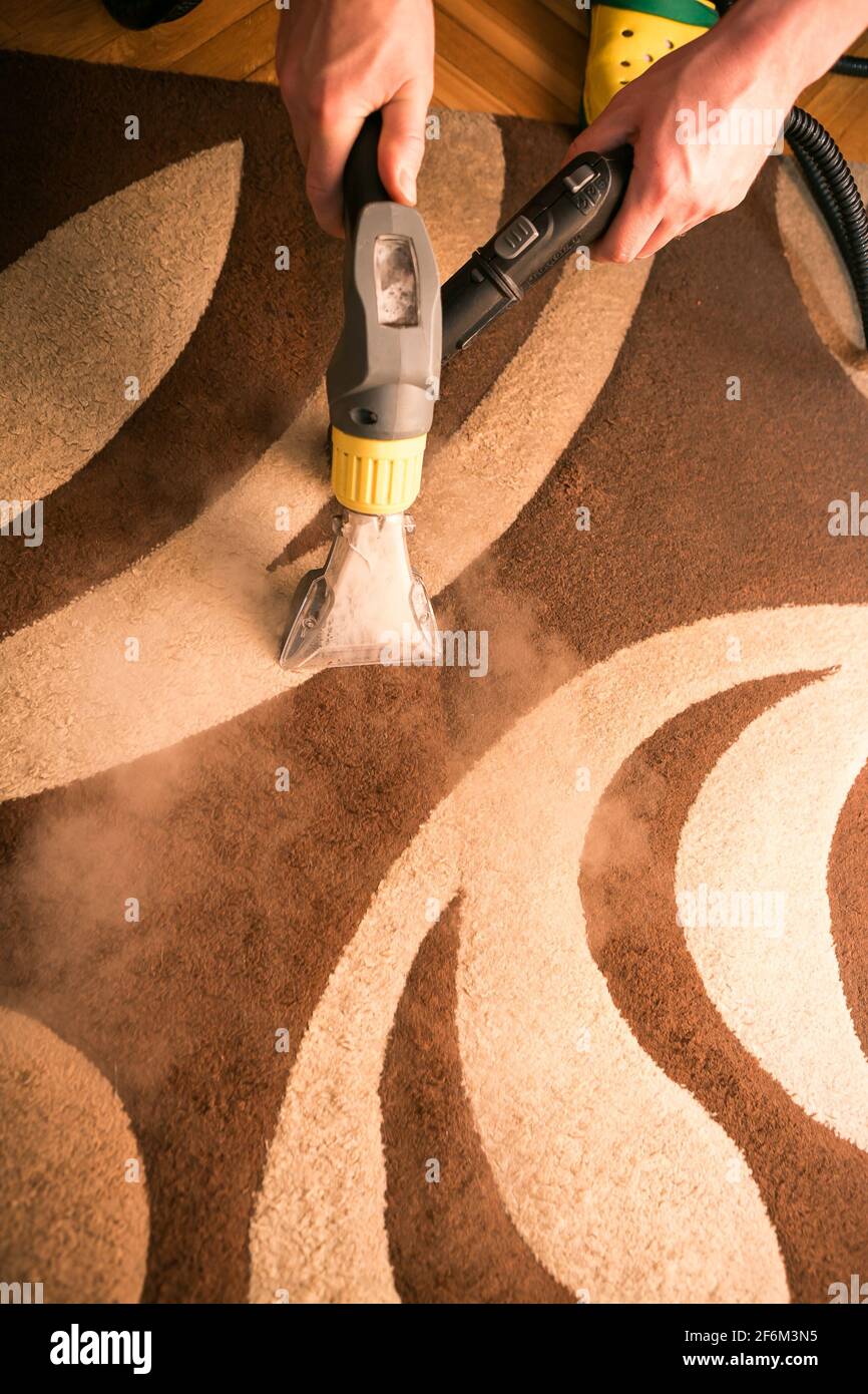 El proceso de limpieza de alfombras con una aspiradora de vapor. Un  empleado de una empresa de limpieza limpia la alfombra con vapor Fotografía  de stock - Alamy