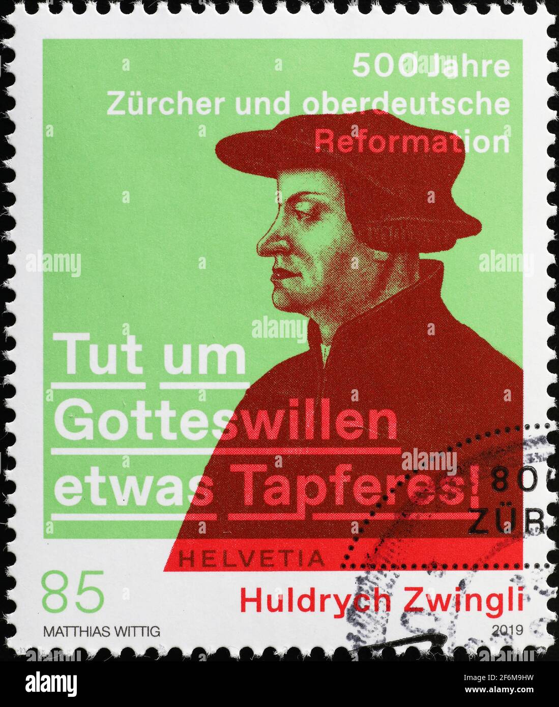 Huldrych Zwingli retrato sobre sello de franqueo suizo Foto de stock