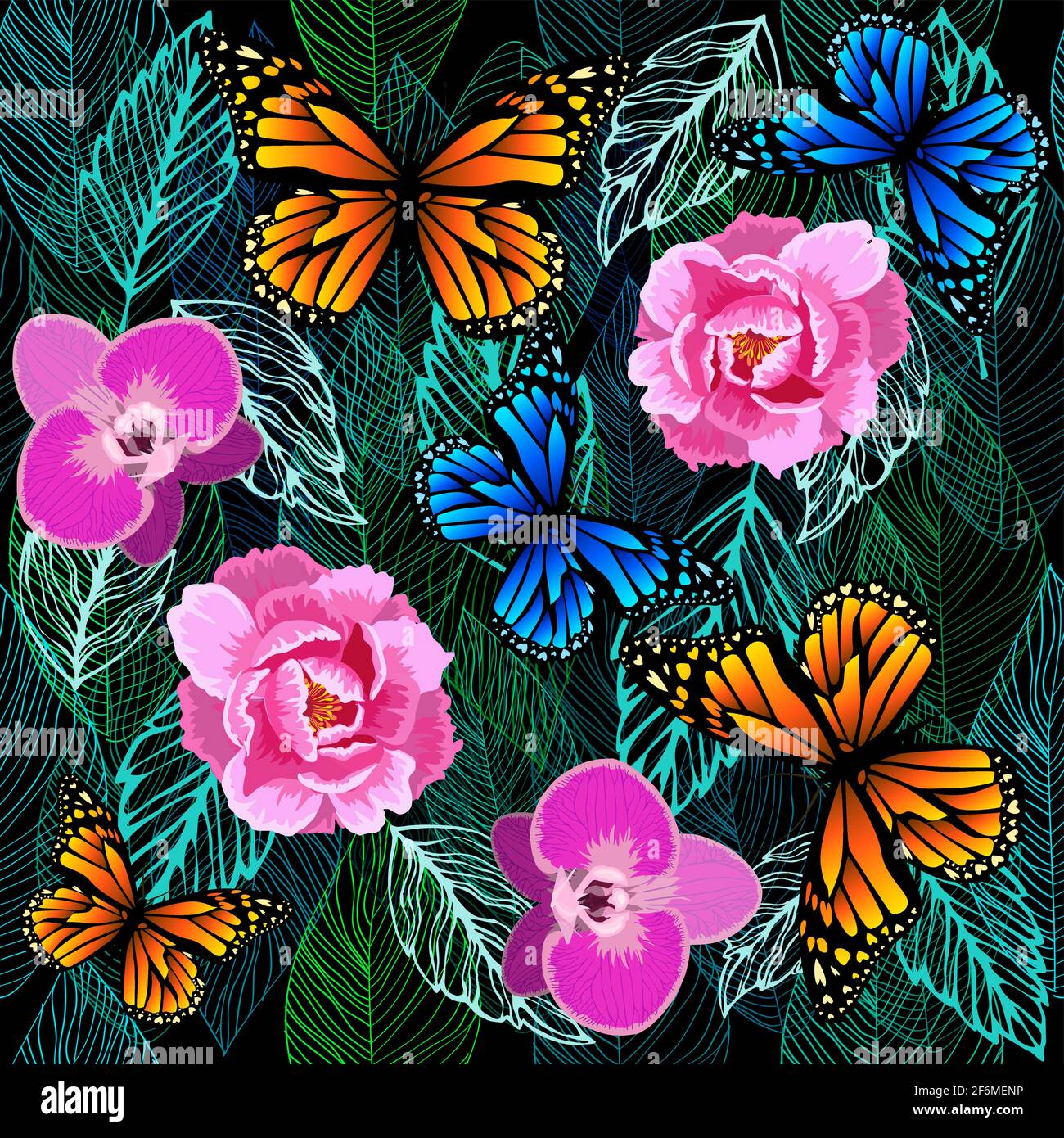 Hojas gráficas sin costuras patrón verde con flores y mariposas. Fondo con  orquídeas y peonías. Ilustración vectorial Imagen Vector de stock - Alamy