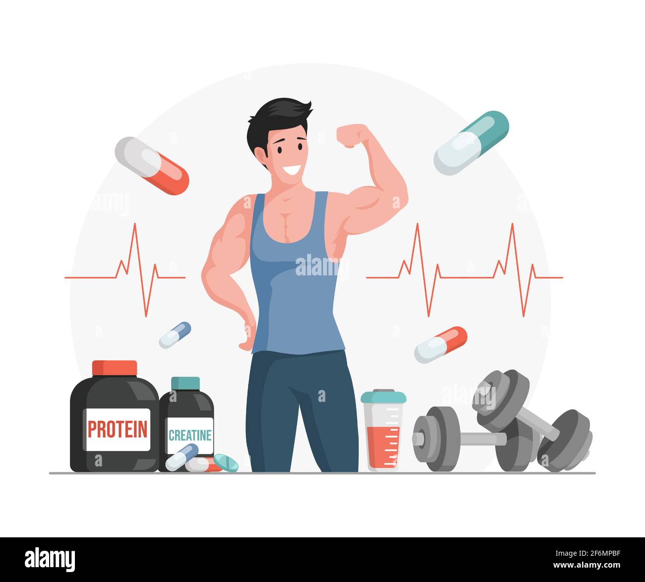 Atleta mostrando músculos vector ilustración de dibujos animados. Botellas y agitador con proteína y creatina. Comida deportiva llena de vitaminas, suplementos y minerales. Nutrición deportiva, concepto de estilo de vida activo. Ilustración del Vector