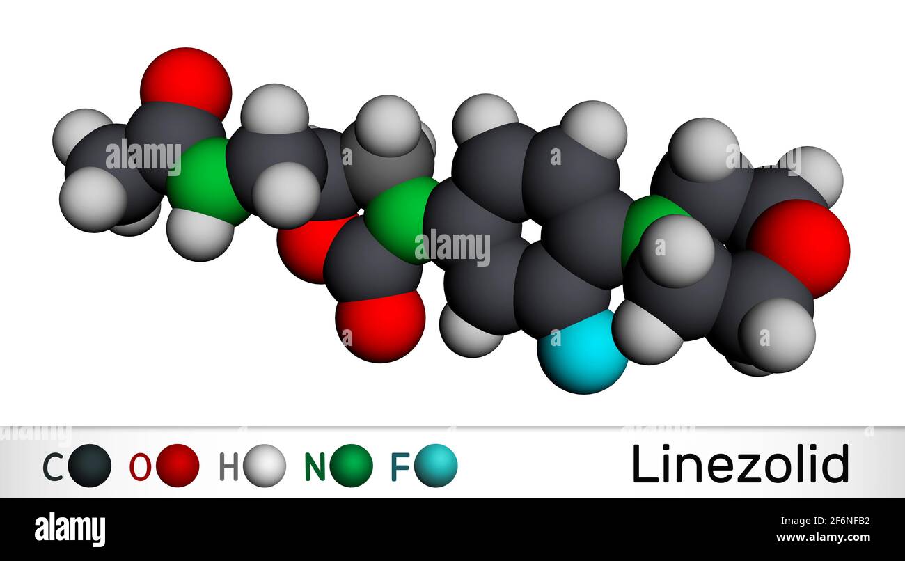 Molécula de linezolid. Es antibiótico sintético utilizado para el tratamiento de infecciones como estreptococos, Staphylococcus aureus, MRSA. Modelo molecular. Foto de stock