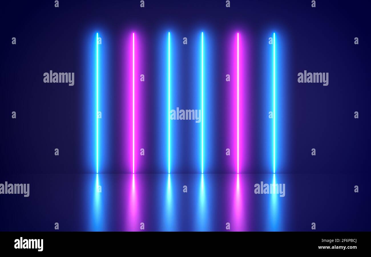 Futurista Resumen Azul y Púrpura Neon Line formas de luz sobre fondo colorido y reflexivo - render, espectáculo láser, luz interior club nocturno, glo Foto de stock