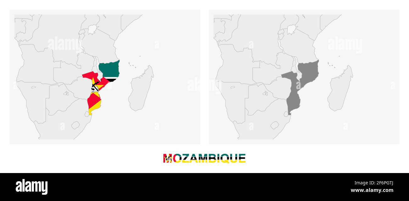 Dos versiones del mapa de Mozambique, con la bandera de Mozambique y resaltado en gris oscuro. Mapa vectorial. Ilustración del Vector