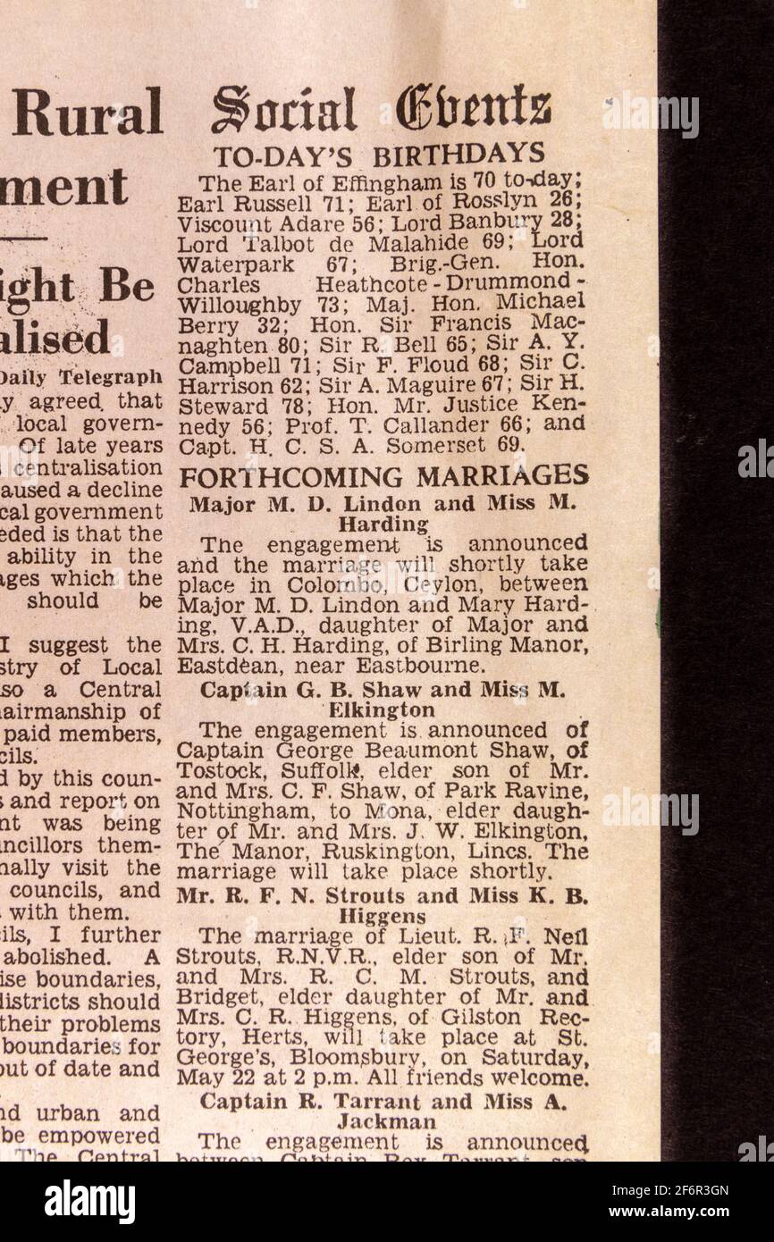 Columna de Eventos Sociales incluyendo cumpleaños y futuros matrimonios en el Daily Telegraph (réplica), 18th de mayo de 43, el día después de la incursión de Dam Busters. Foto de stock