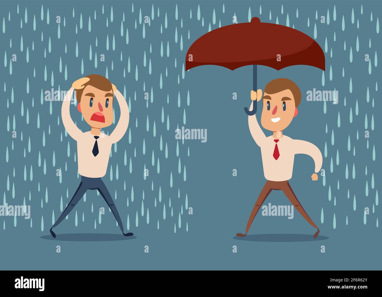 Hombre bajo la lluvia. hombre de negocios corre de la lluvia mientras otro  hombre de negocios tiene el paraguas Imagen Vector de stock - Alamy