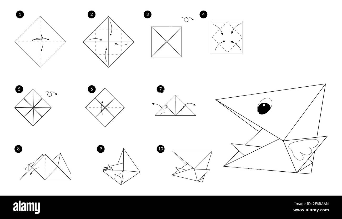 Línea de origami de la cabeza del pájaro instrucción monocroma paso a paso.  Ilustración cómo hacer el pico de pollito del papel Imagen Vector de stock  - Alamy
