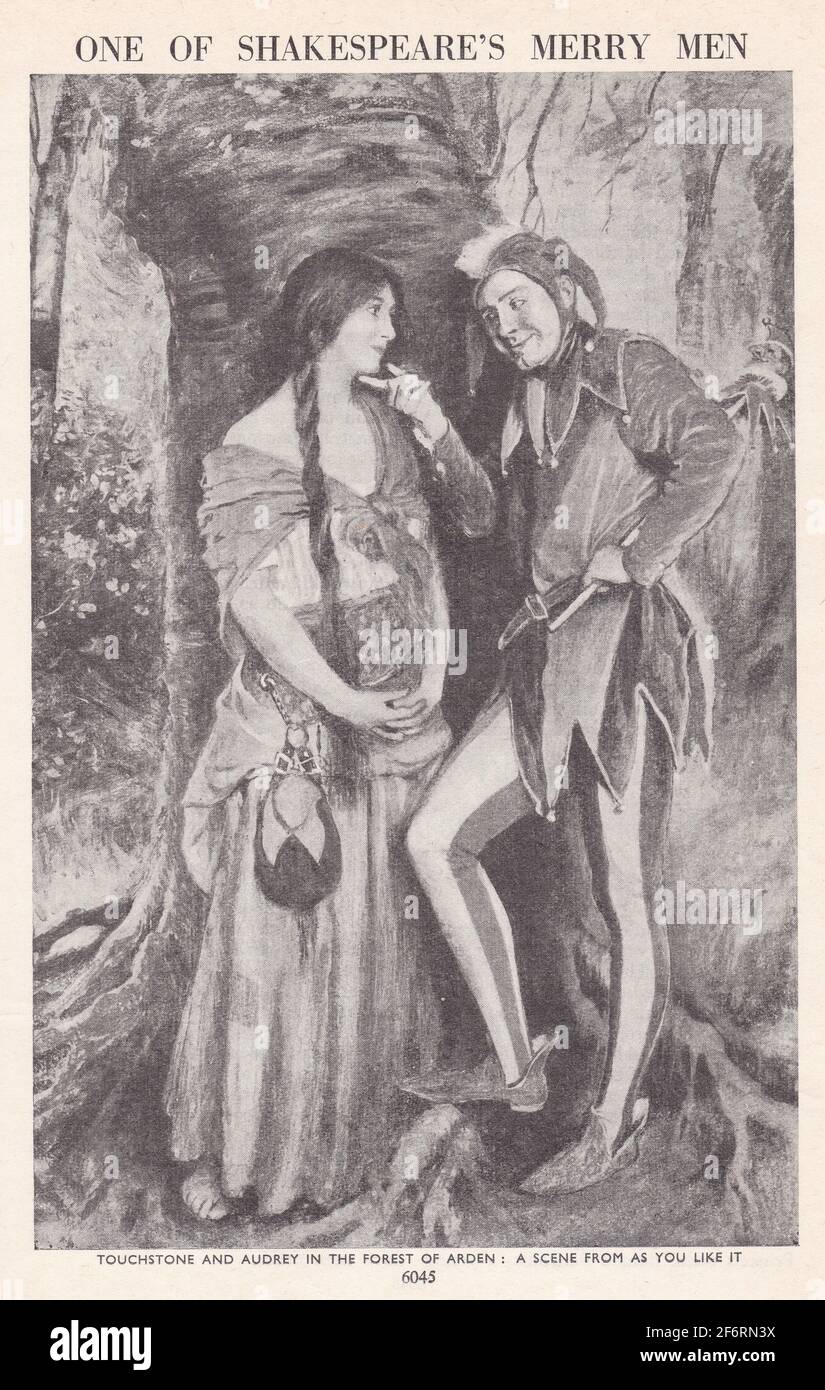 Ilustración vintage de Touchstone y Audrey en el bosque de Arden - una escena de 'como te gusta'. Foto de stock