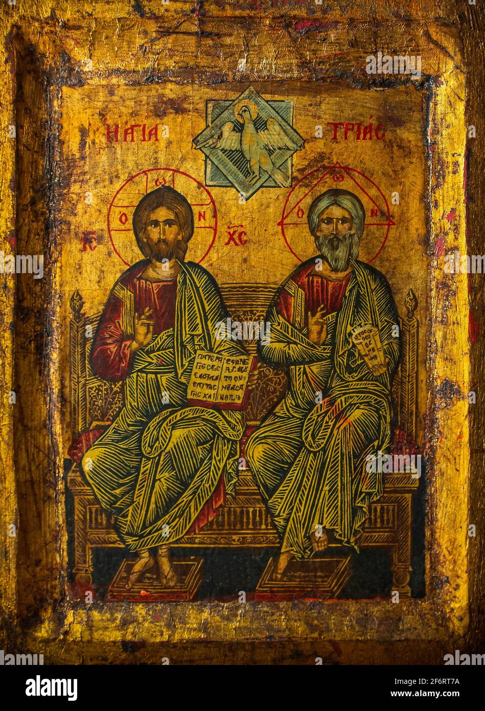 Religión, Ortodoxa Cristiana, Padre, Hijo y el Espíritu Santo en un icono del Monte Athos. Grecia. Foto de stock