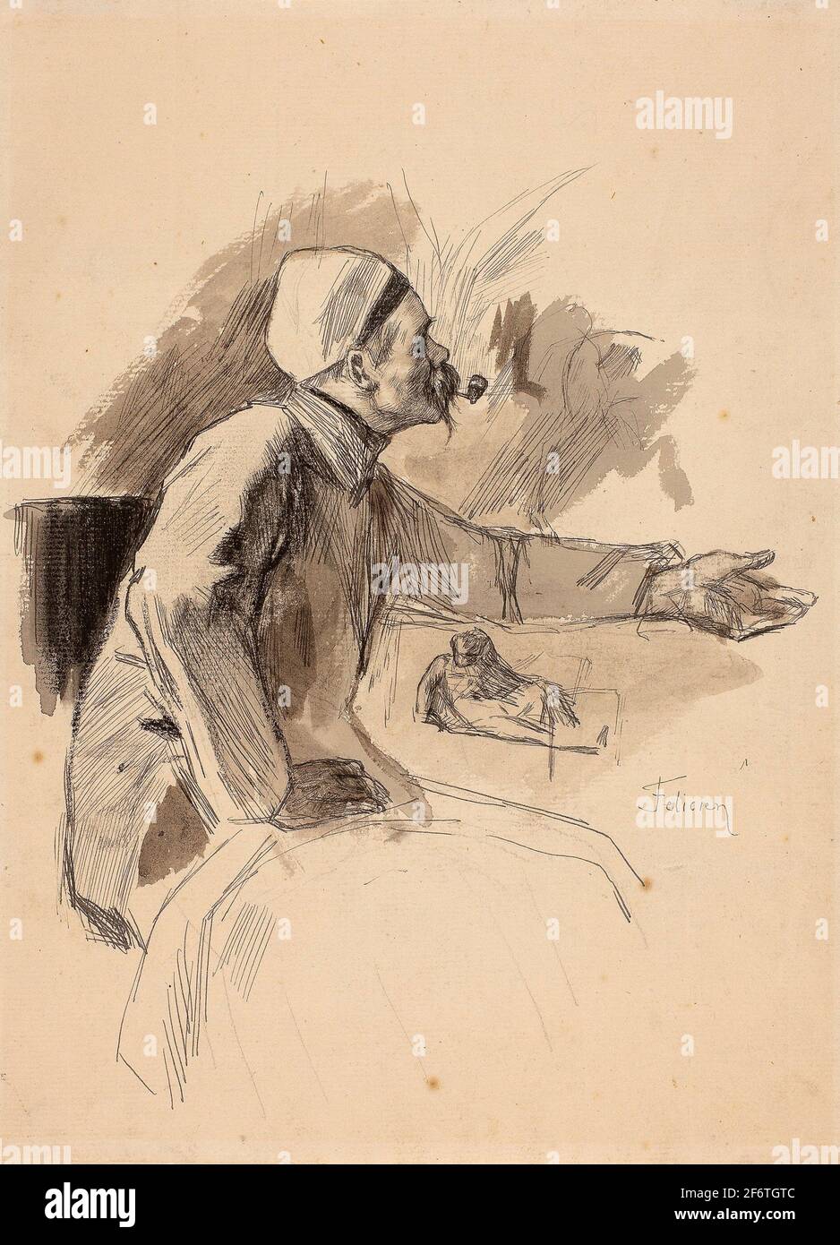 Autor: Flicien ROPS. Hombre sentado con brazo izquierdo extendido - Flicien ROPS Belga, 1833-1898. Pluma y tinta negra, con pincel y lavado gris y negro Foto de stock