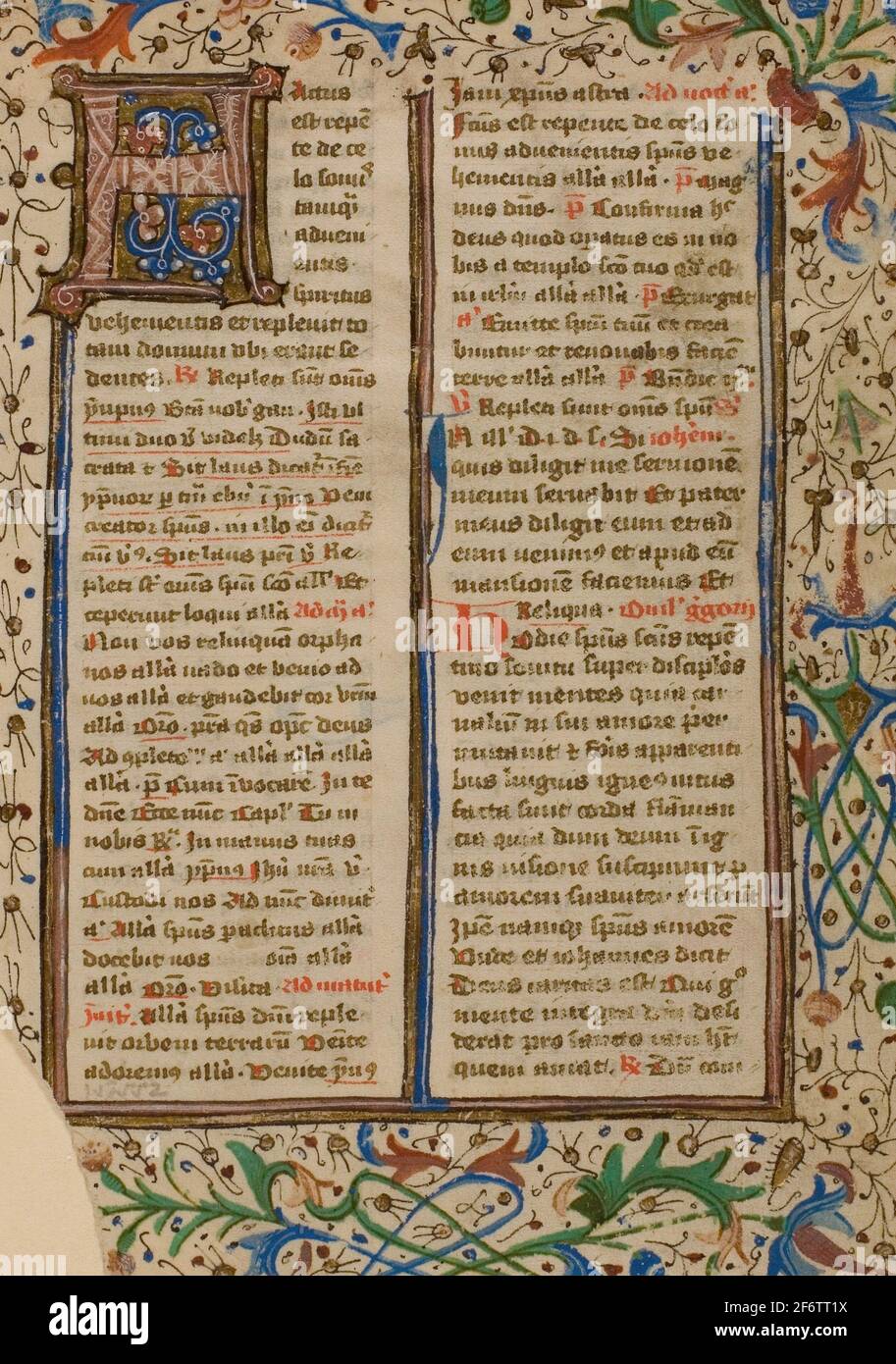 Iluminación inicial --H-- de un salterio o Breviary-c. 1450s-Alemán o Países Bajos del Sur (Brujas). Corte de manuscrito en temple y hoja de oro, Foto de stock