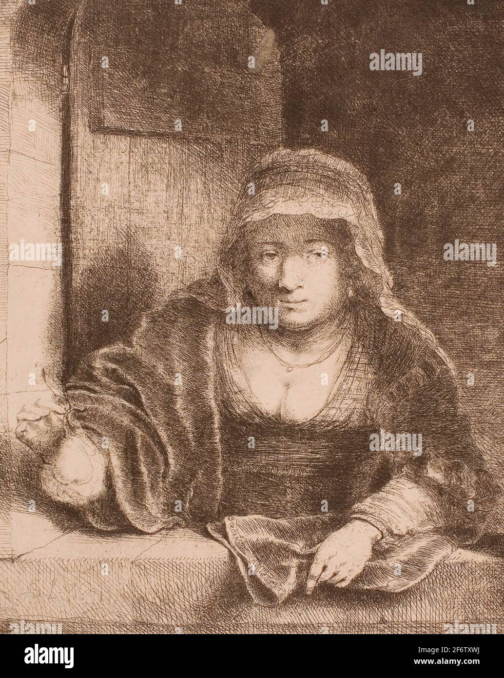 Autor: Ferdinand Bol. Mujer con la oreja - 1651 - Ferdinand Bol Dutch, 1616-1680. Grabado en papel de marfil. Holanda. Foto de stock