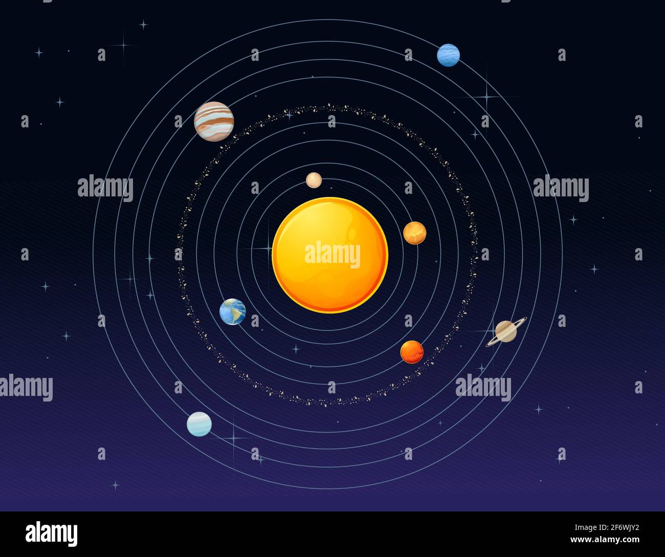 Modelo de sistema solar con cinturón de asteroides solares y planetas  objetos espaciales ilustración vectorial sobre fondo de cielo profundo  Imagen Vector de stock - Alamy
