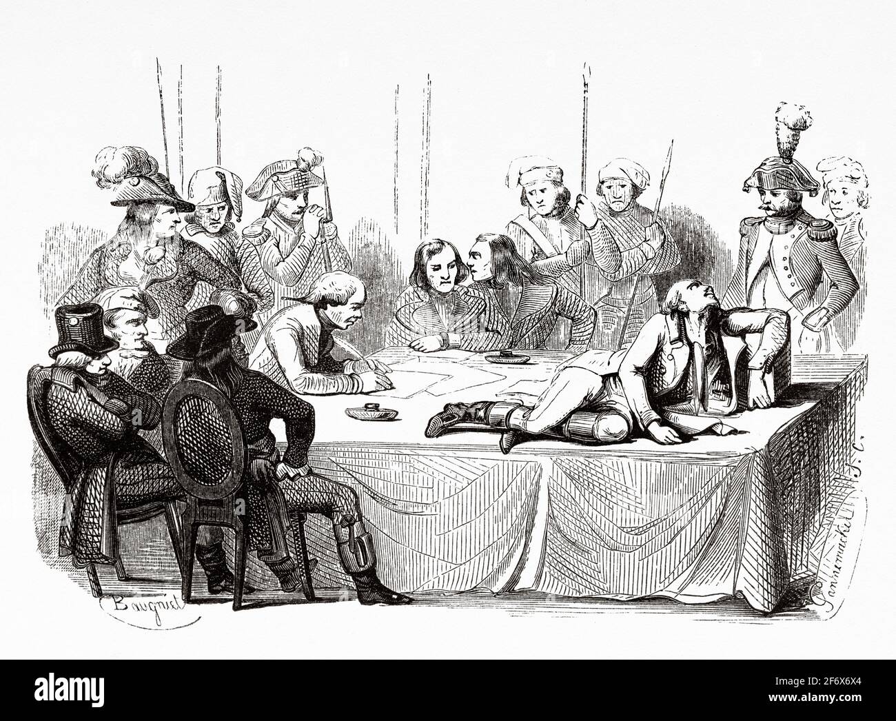 Robespierre se encuentra herido en el Comité de salud pública el 28 de julio de 1794. Francia, Revolución Francesa 18th siglo. Antigua ilustración grabada de Histoire de la Revolution Francaise 1845 Foto de stock