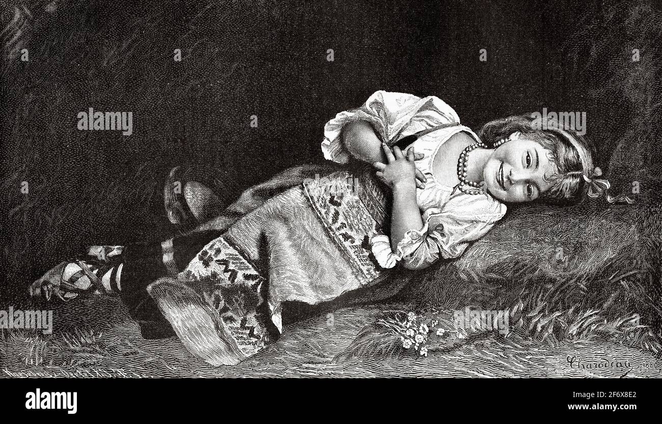 Hermosa niña del siglo 19th sonriendo. Antiguo siglo 19th grabado ilustración de el Mundo ilustrado 1879 Foto de stock