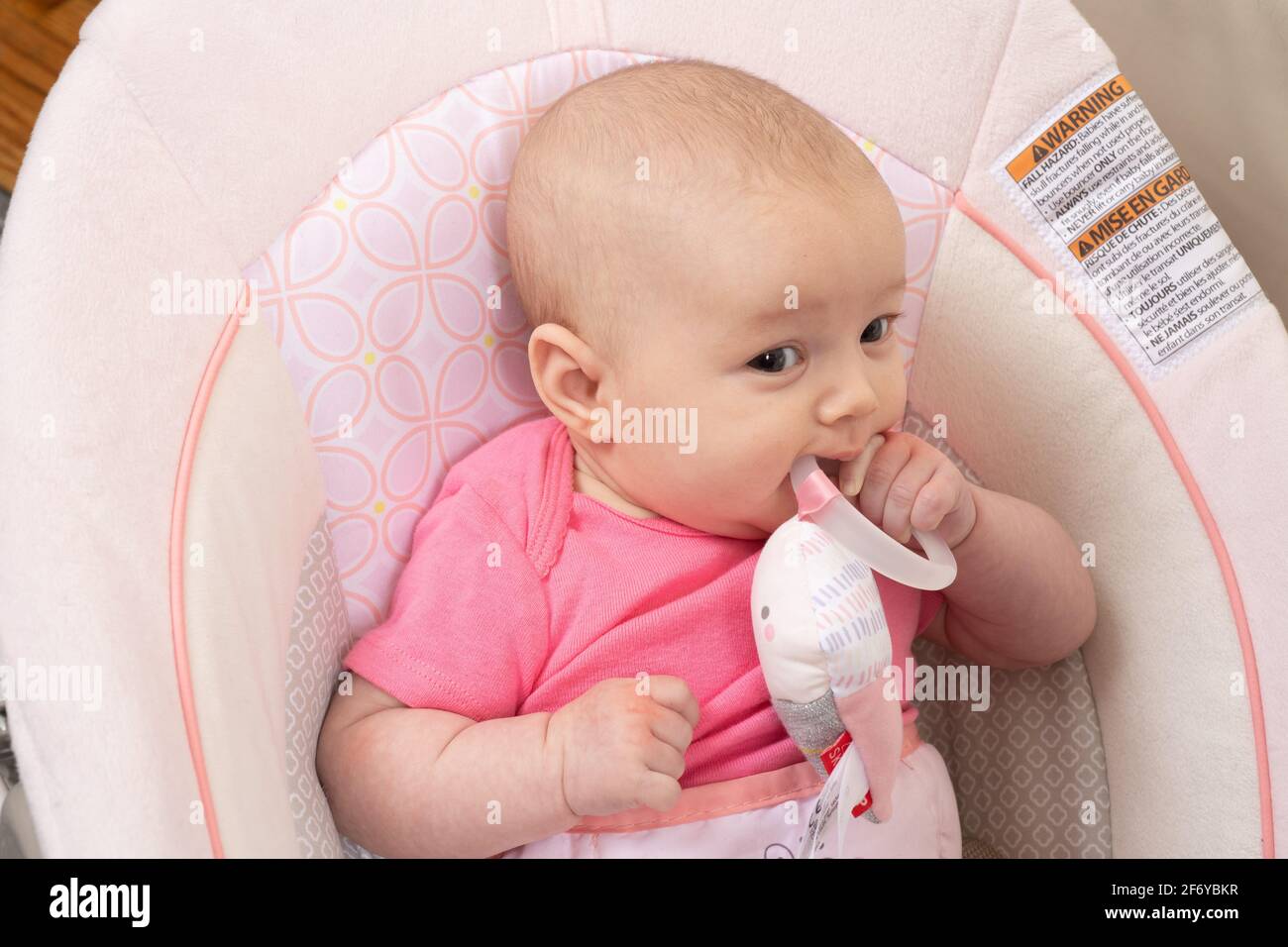 Primer plano de dos meses de niña, sosteniendo juguete, juguete de boca Foto de stock