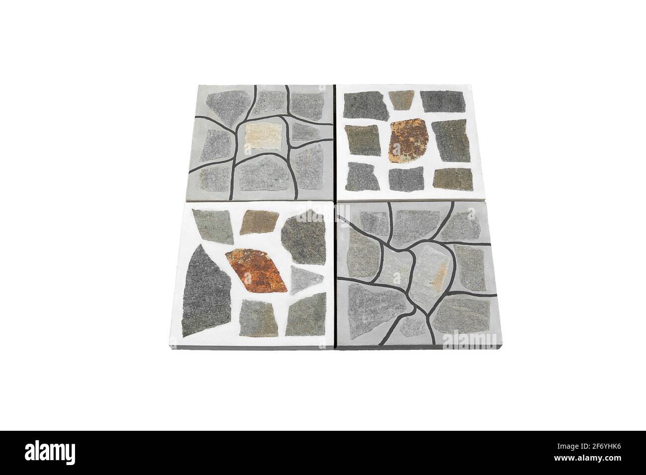 Piedra de pavimentación blanca y gris de hormigón aislada sobre fondo blanco. El azulejo tiene una superficie superior plana sin chaflán y se ajusta cómodamente al pavimentar. Foto de stock