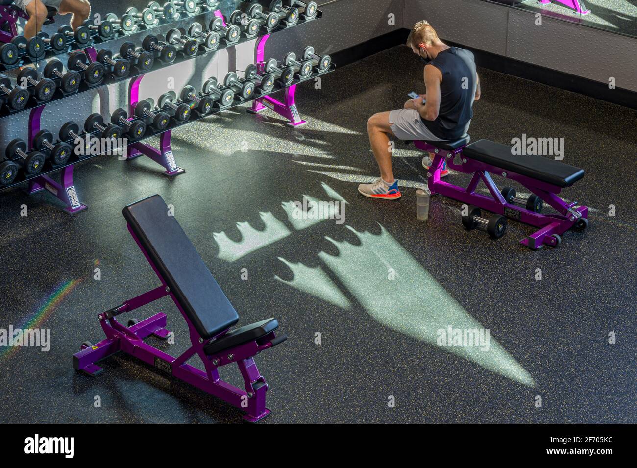 Hombre enviando mensajes de texto en su teléfono celular en medio de un entrenamiento en el gimnasio, Philadelphia, USA Foto de stock