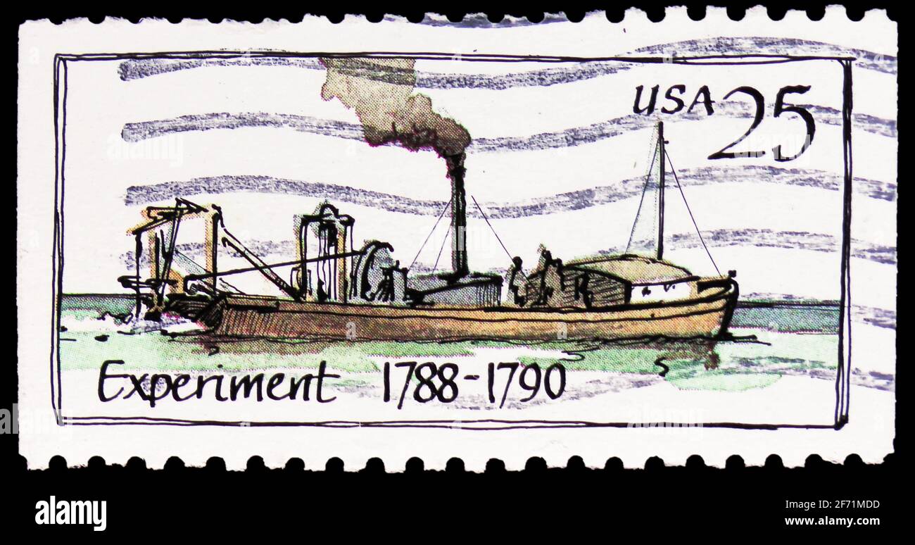 MOSCÚ, RUSIA - 20 DE ENERO de 2021: Sello de franqueo impreso en Estados Unidos muestra Steamboats Experiment, 1788-1790, Steamboats serie, alrededor de 1989 Foto de stock