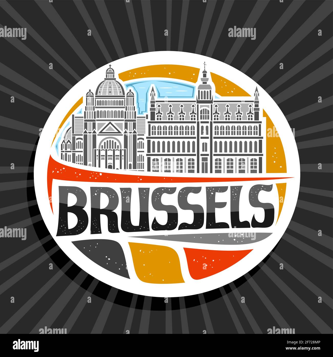 Vector logo para Bruselas, blanco etiqueta decorativa con ilustración de contorno de la ciudad de bruselas en el día tiempo cielo fondo, arte diseño nevera imán w Ilustración del Vector