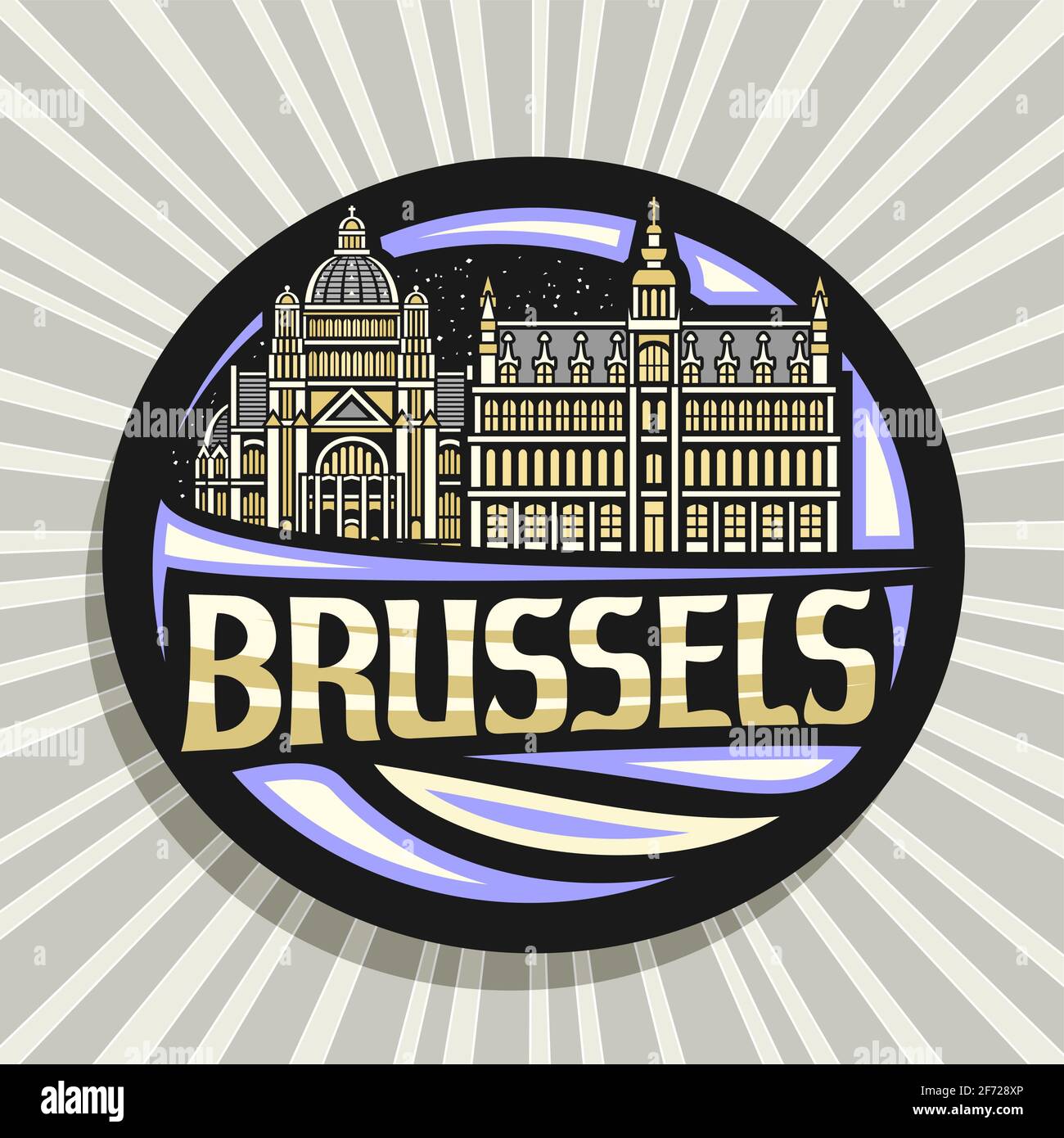 Vector logo para Bruselas, negro insignia decorativa con ilustración de contorno de la ciudad de bruselas paisaje en el cielo atardecer fondo, arte diseño turístico nevera ma Ilustración del Vector