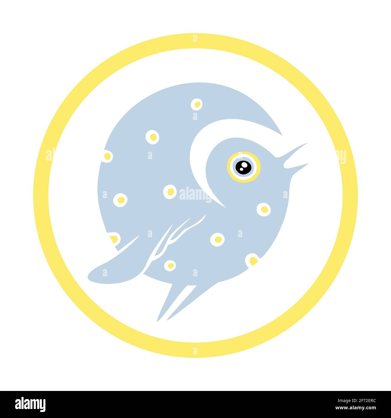 Pájaro manchado azul en círculo amarillo aislado en blanco Ilustración del Vector