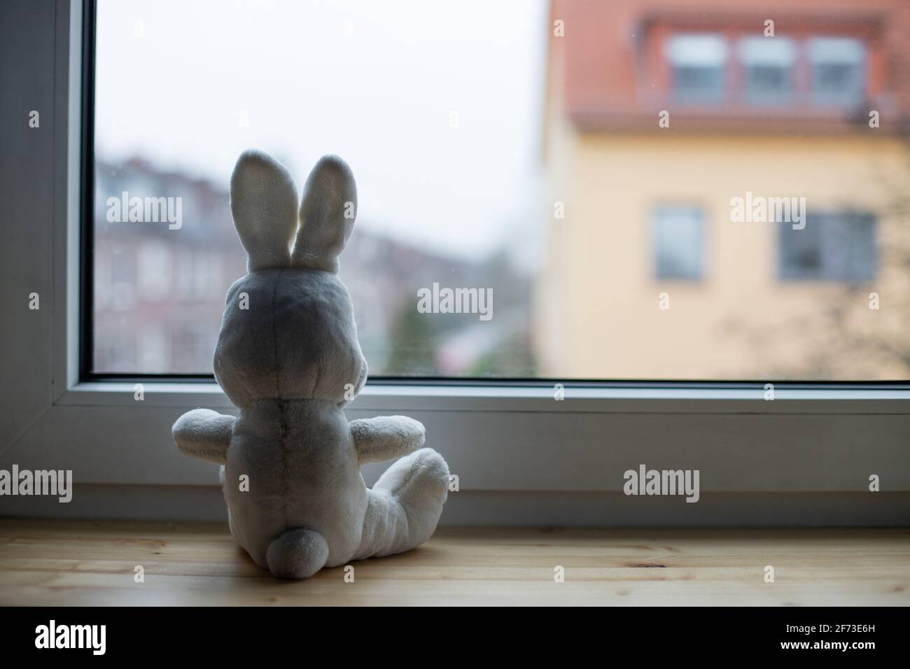 Animal relleno mirando por una ventana, simbolizando a niños aislados durante el encierro o cuarentena durante la pandemia de corona Foto de stock