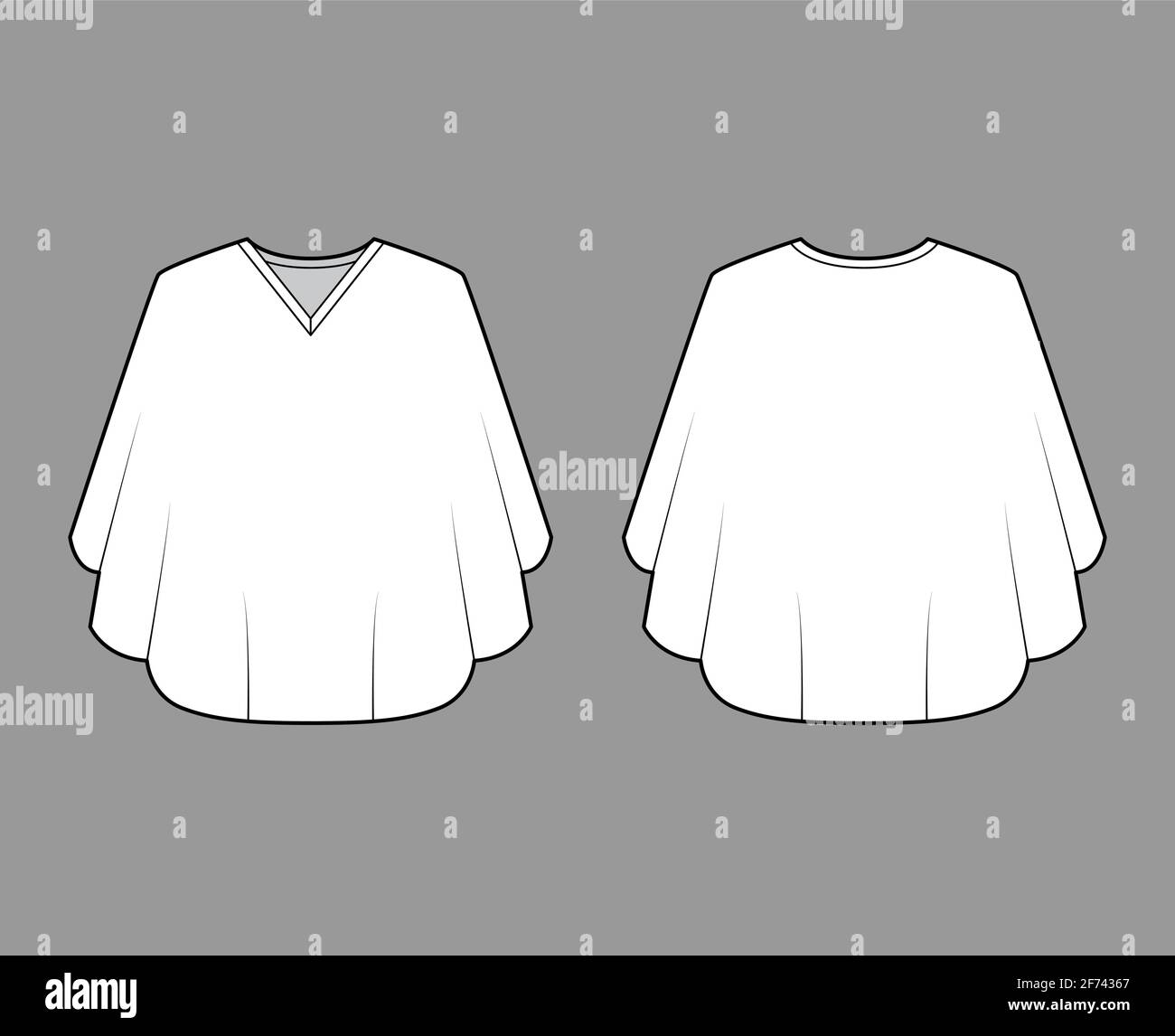 Poncho coat ilustración técnica de moda con cuello en V, cuerpo de trapecio  de gran tamaño, longitud de la punta de los dedos. Chaqueta plana plantilla  delantera, trasera, estilo de color blanco.