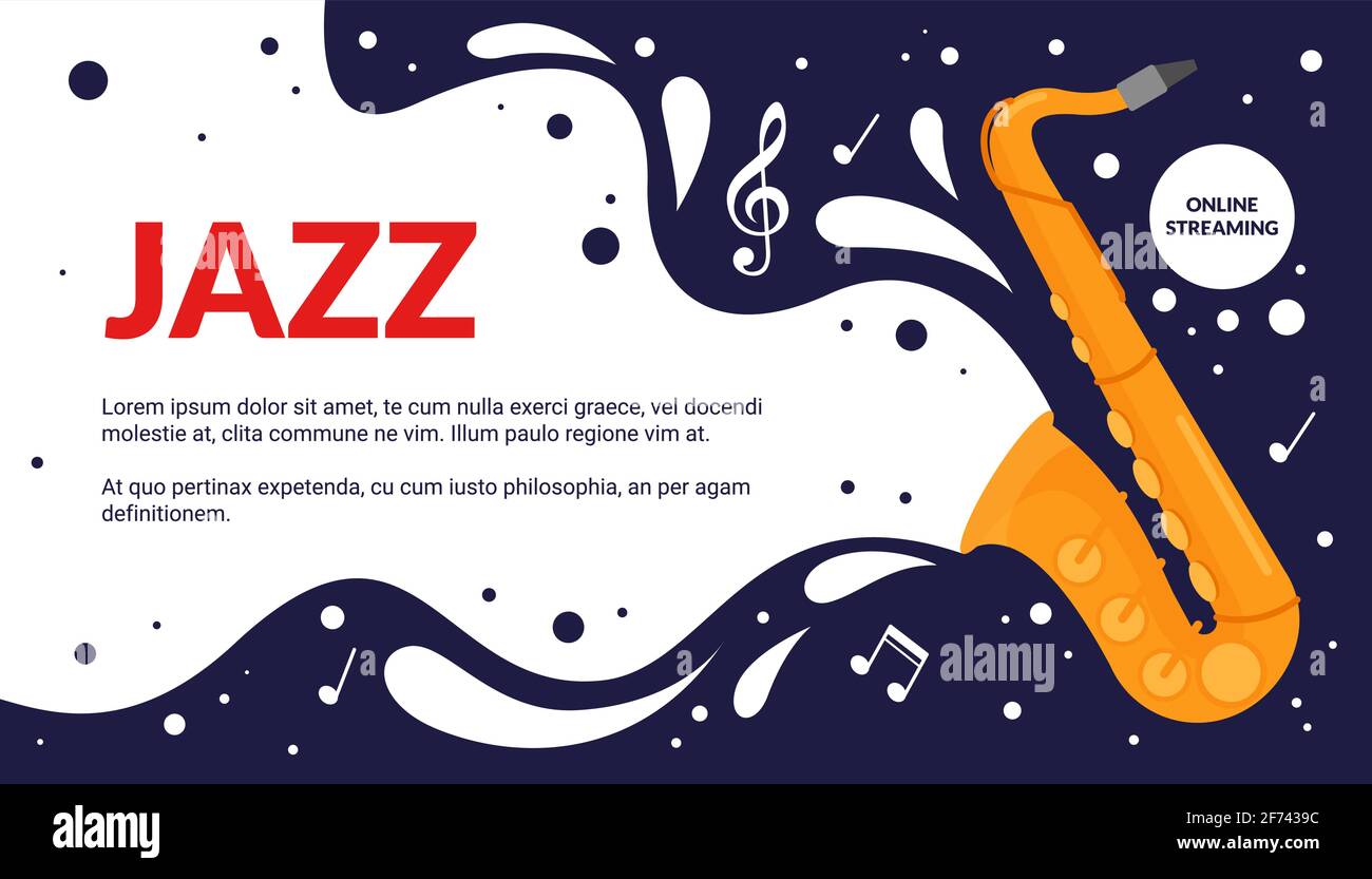 Anuncio de festival musical de dibujos animados, anuncio de promoción de espectáculo de fiestas con instrumento de trompeta vintage y poster de melodías de notas. Festival de arte musical de jazz Ilustración del Vector