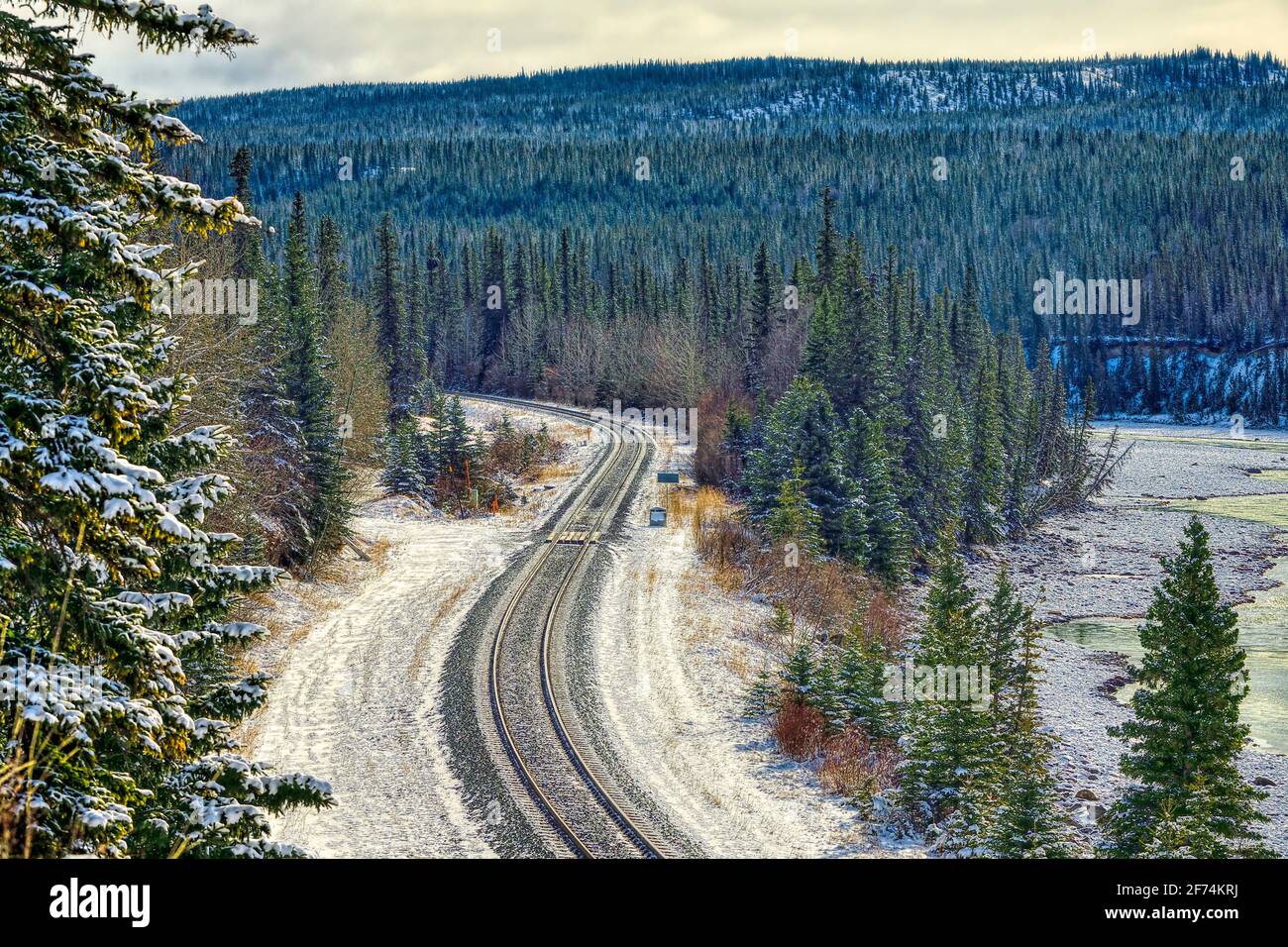 Vías de tren vacías curviendo a través de una zona boscosa en el medio rural Alberta, Canadá Foto de stock
