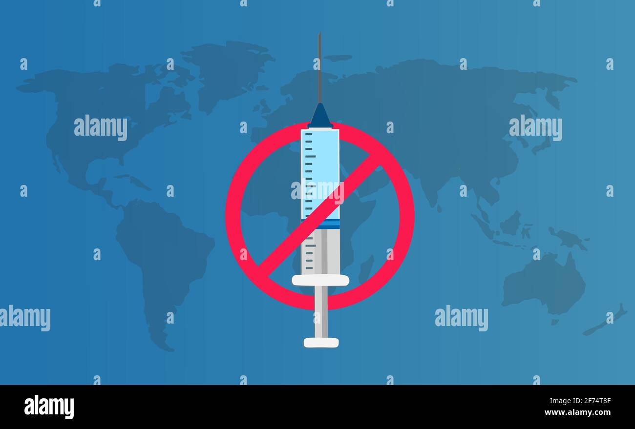 Detener la vacunación. Diga NO a las vacunas. Jeringa en el círculo de prohibición. Coronavirus Ilustración del Vector