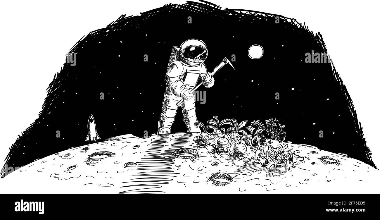Astronauta Agricultura en la Luna, Marte o planeta distante, producción de alimentos en el espacio, Cartoon de vectores Figura Ilustración Ilustración del Vector