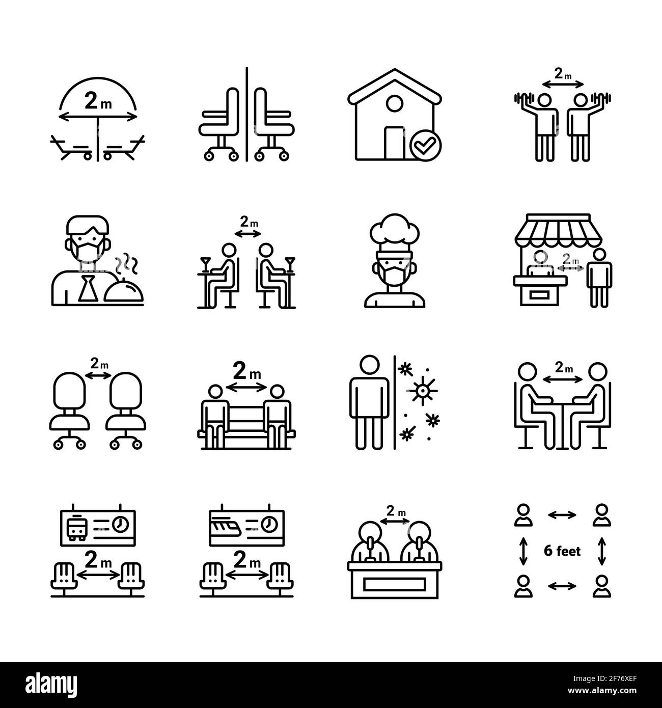 Conjunto de iconos de línea de distancia social. Contiene iconos como mantener distancia segura, permanecer en casa, Prevención y mucho más. Ilustración del Vector