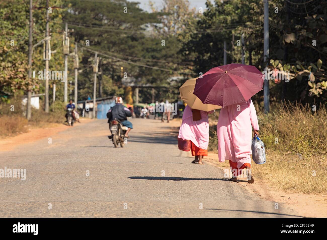Dos monjas budistas birmanos caminando con paraguas bajo el sol abrasador de Bago, Myanmar (Birmania). Foto de stock