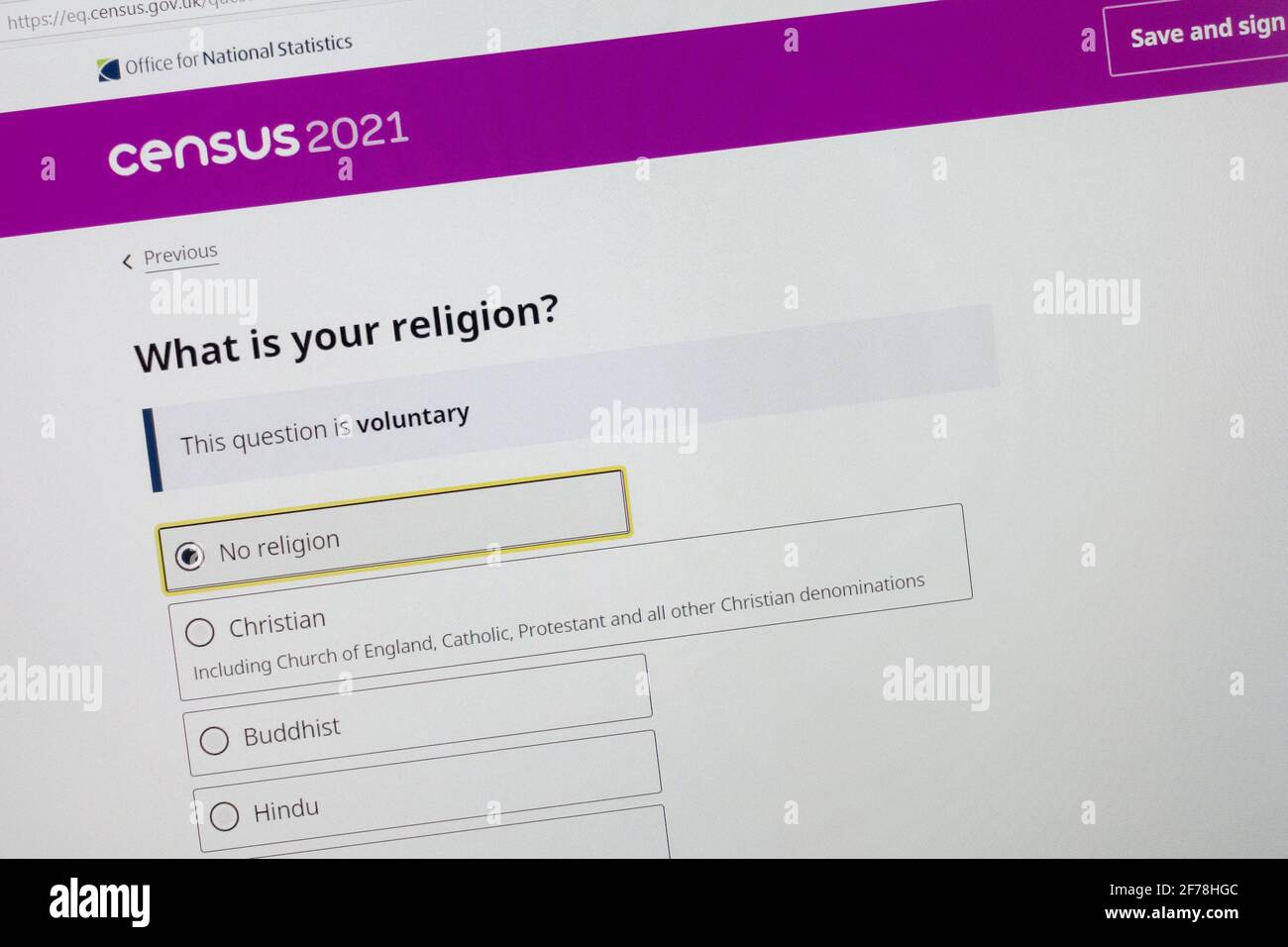 Pregunta sobre la religión en el formulario en línea del Censo del Reino Unido 2021 Foto de stock