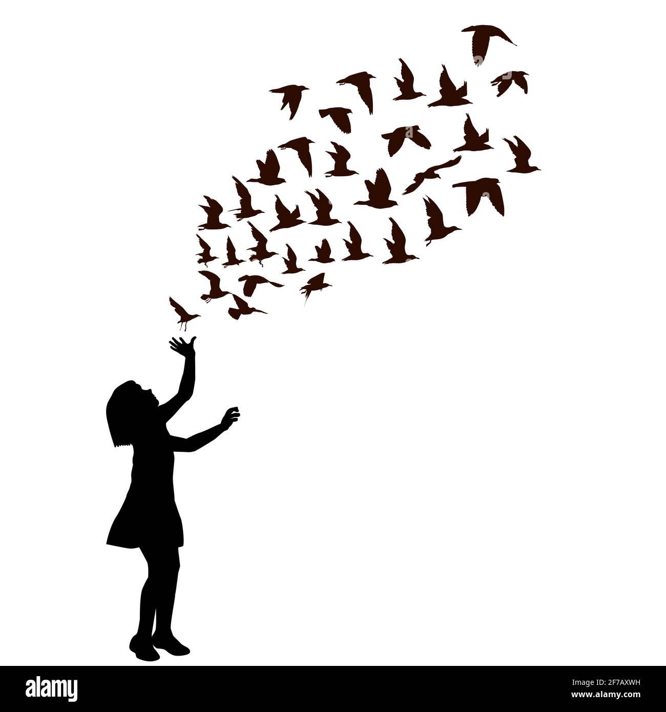 Silueta de una chica con pájaros volando Imagen Vector de stock - Alamy