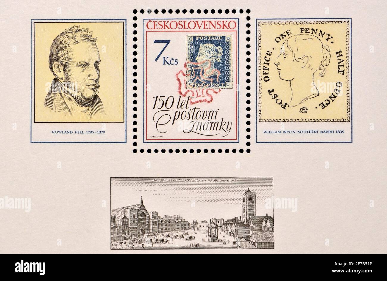 Mini-hoja de sello de franqueo checo (1990): 150 años del sello de postage, mostrando Rowland Hill y el Penny Black Foto de stock