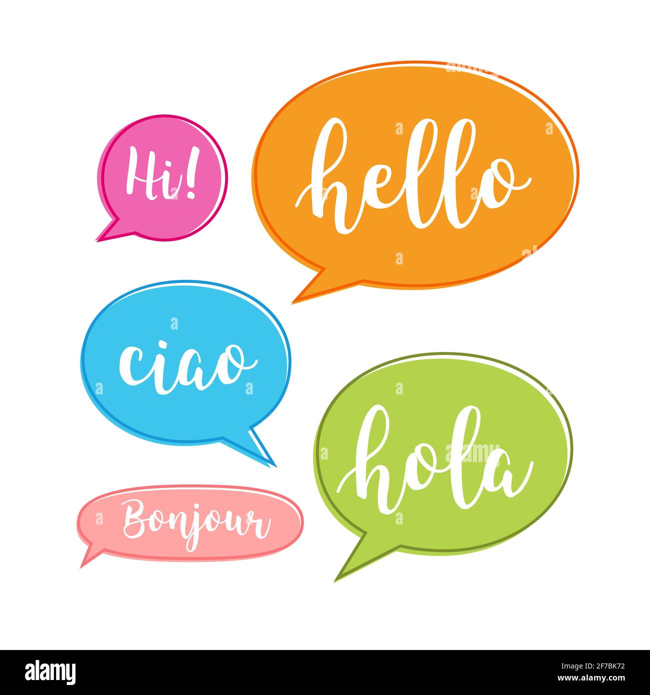 Hola burbuja en diferentes idiomas. Inglés, italiano, francés, español  escuela de habla, hola concepto Imagen Vector de stock - Alamy