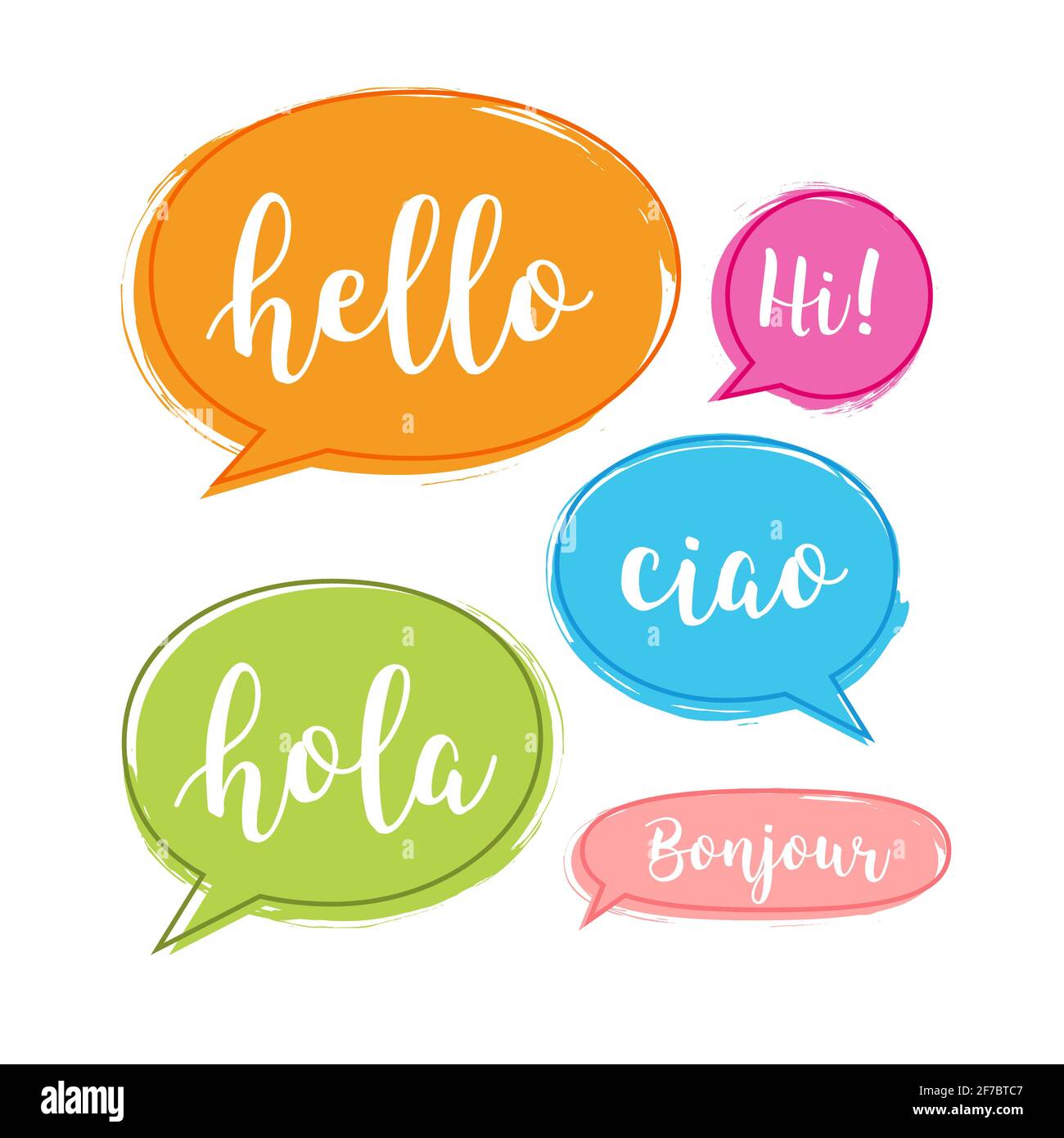 Hola burbuja en diferentes idiomas. Inglés, italiano, francés, español  escuela de habla, hola concepto Imagen Vector de stock - Alamy