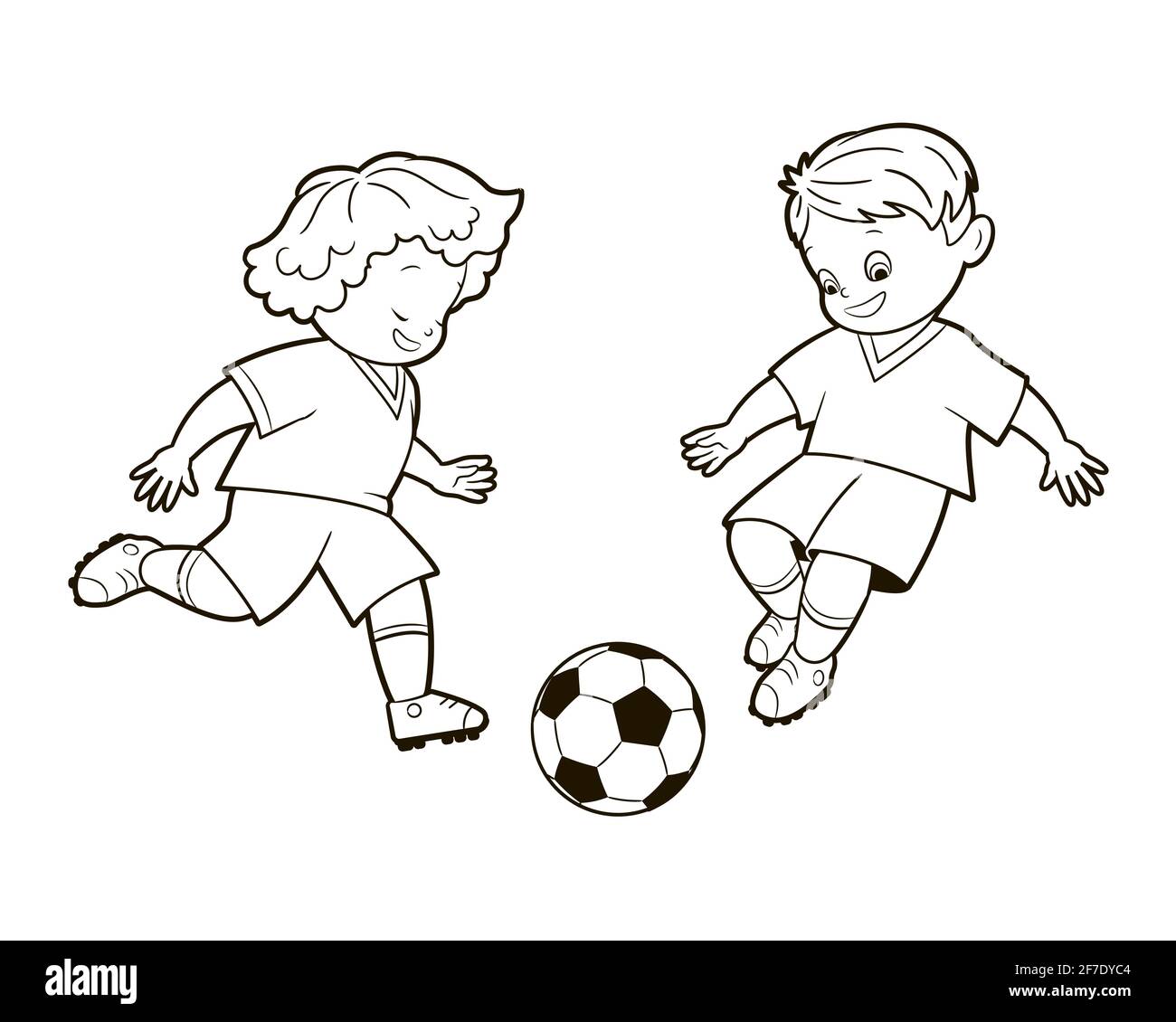 Libro para colorear; representaciones de chicos de fútbol en varias  posiciones jugando un balón de fútbol . Ilustración vectorial en estilo de  dibujos animados, arte lineal en blanco y negro Imagen Vector
