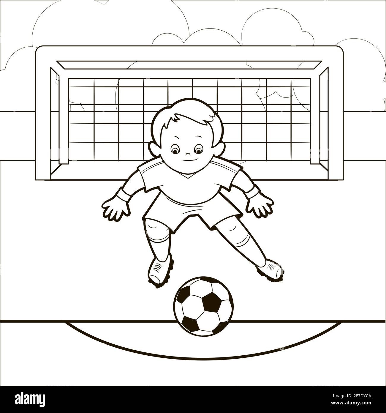 Libro para colorear; representaciones de chicos de fútbol en varias  posiciones jugando un balón de fútbol . Ilustración vectorial en estilo de  dibujos animados, arte lineal en blanco y negro Imagen Vector