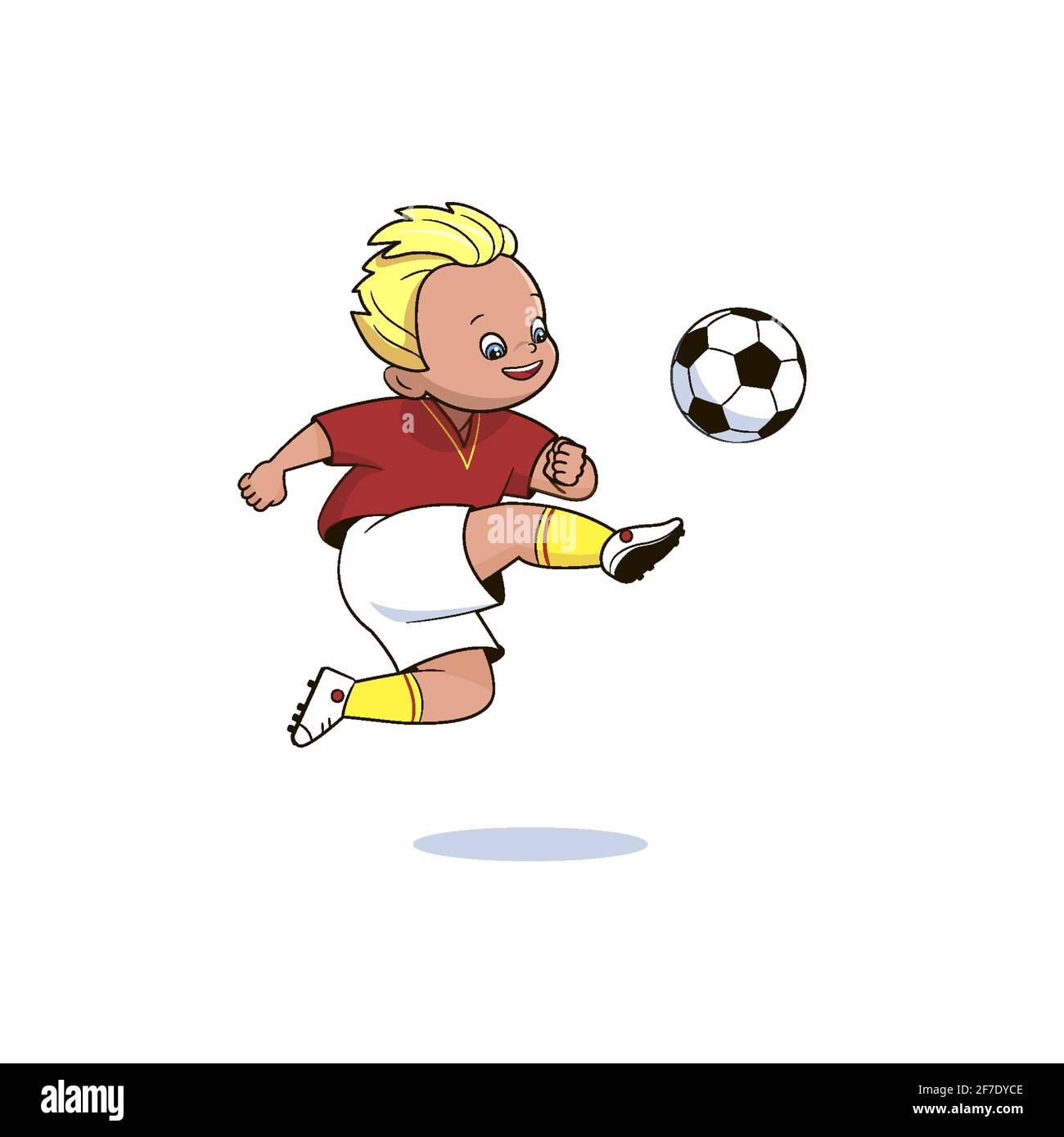 Jugador de fútbol, adolescente en una camiseta roja de deportes y shorts  patea una pelota de fútbol . Ilustración vectorial en estilo de dibujos  animados aislada sobre fondo blanco Imagen Vector de