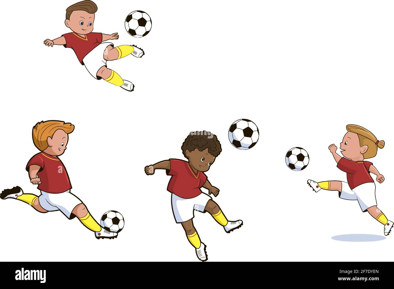 Jugador de fútbol, adolescente en una camiseta roja de deportes y shorts  patea una pelota de fútbol . Ilustración vectorial en estilo de dibujos  animados aislada sobre fondo blanco Imagen Vector de