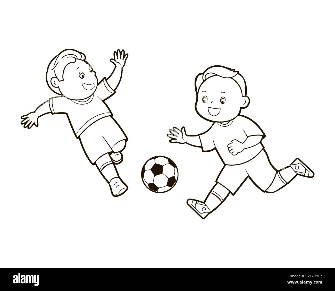 Libro para colorear; representaciones de chicos de fútbol en varias  posiciones jugando un balón de fútbol . Ilustración vectorial en estilo de  dibujos animados, arte lineal en blanco y negro Imagen Vector