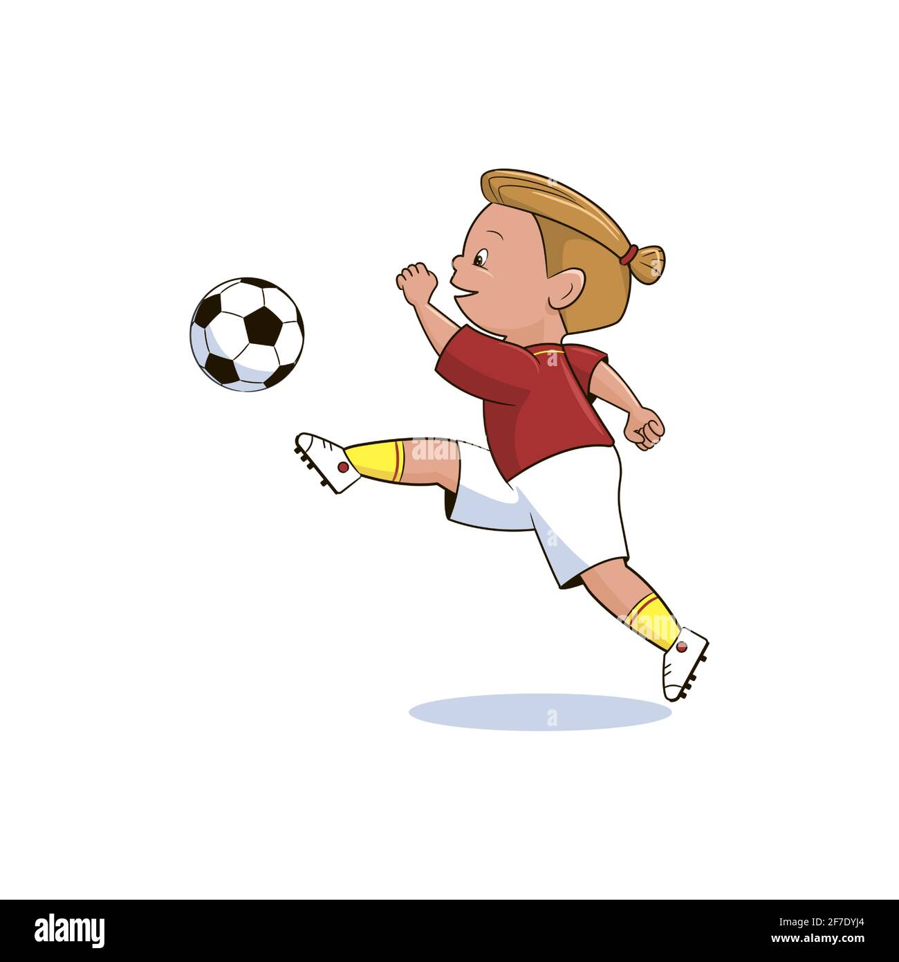 Jugador de fútbol, adolescente en una camiseta roja de deportes y shorts patea una pelota de fútbol . Ilustración vectorial en estilo de dibujos animados aislada sobre fondo blanco Imagen Vector de Jugador de fútbol, adolescente en una camiseta roja de deportes y shorts patea una pelota de fútbol . Ilustración vectorial en estilo de dibujos animados aislada sobre fondo blanco Imagen Vector de