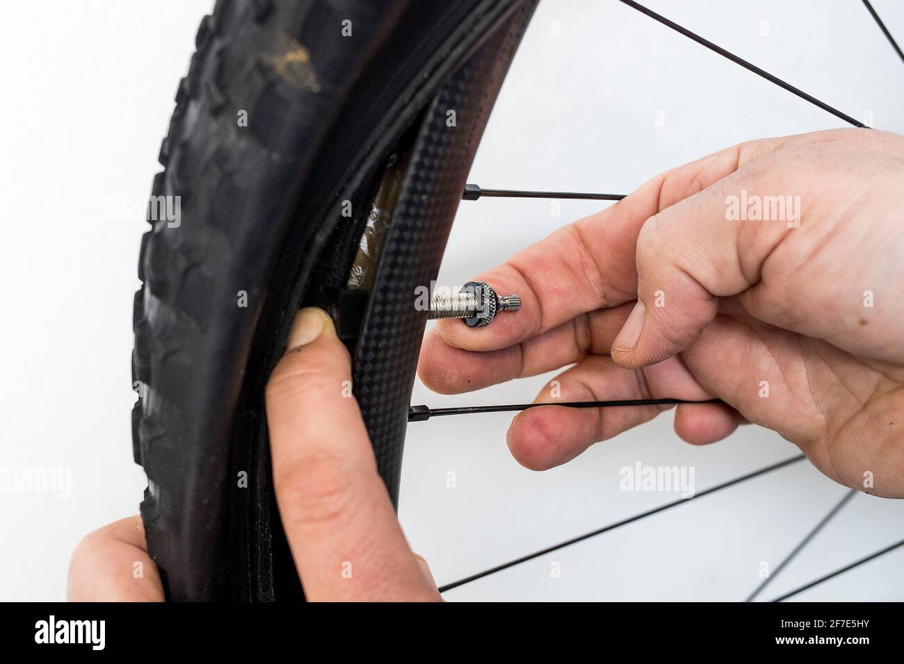 Reparación de tubo de bicicleta. Una mano de una persona está instalando  una válvula de presta en una rueda de bicicleta de montaña sin cámara de  carbono Fotografía de stock - Alamy