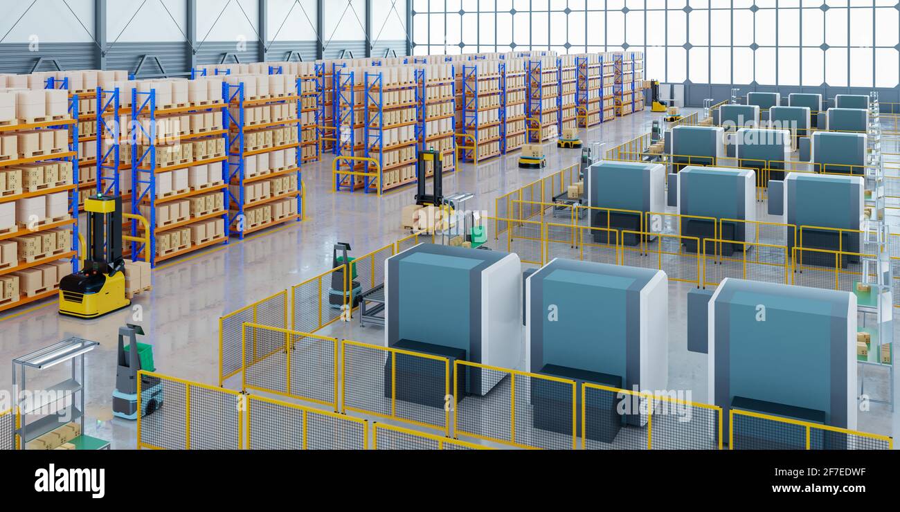 Robots AGV ordenando eficientemente cientos de paquetes por hora(guiado automatizado Vehículo) AGV.3D renderización Foto de stock