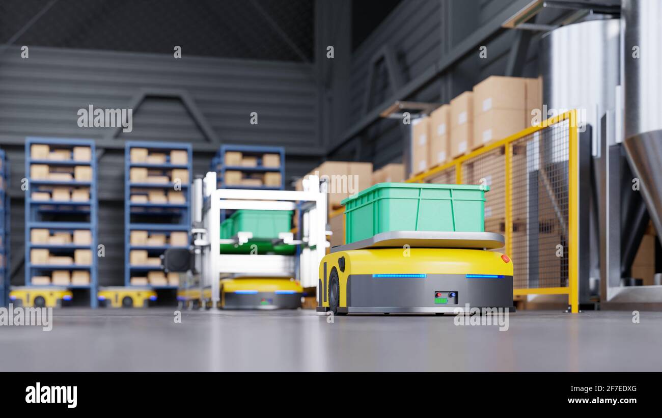 Robots de clasificación eficiente de cientos de paquetes por hora (vehículo guiado automatizado) AGV.3D renderizado Foto de stock