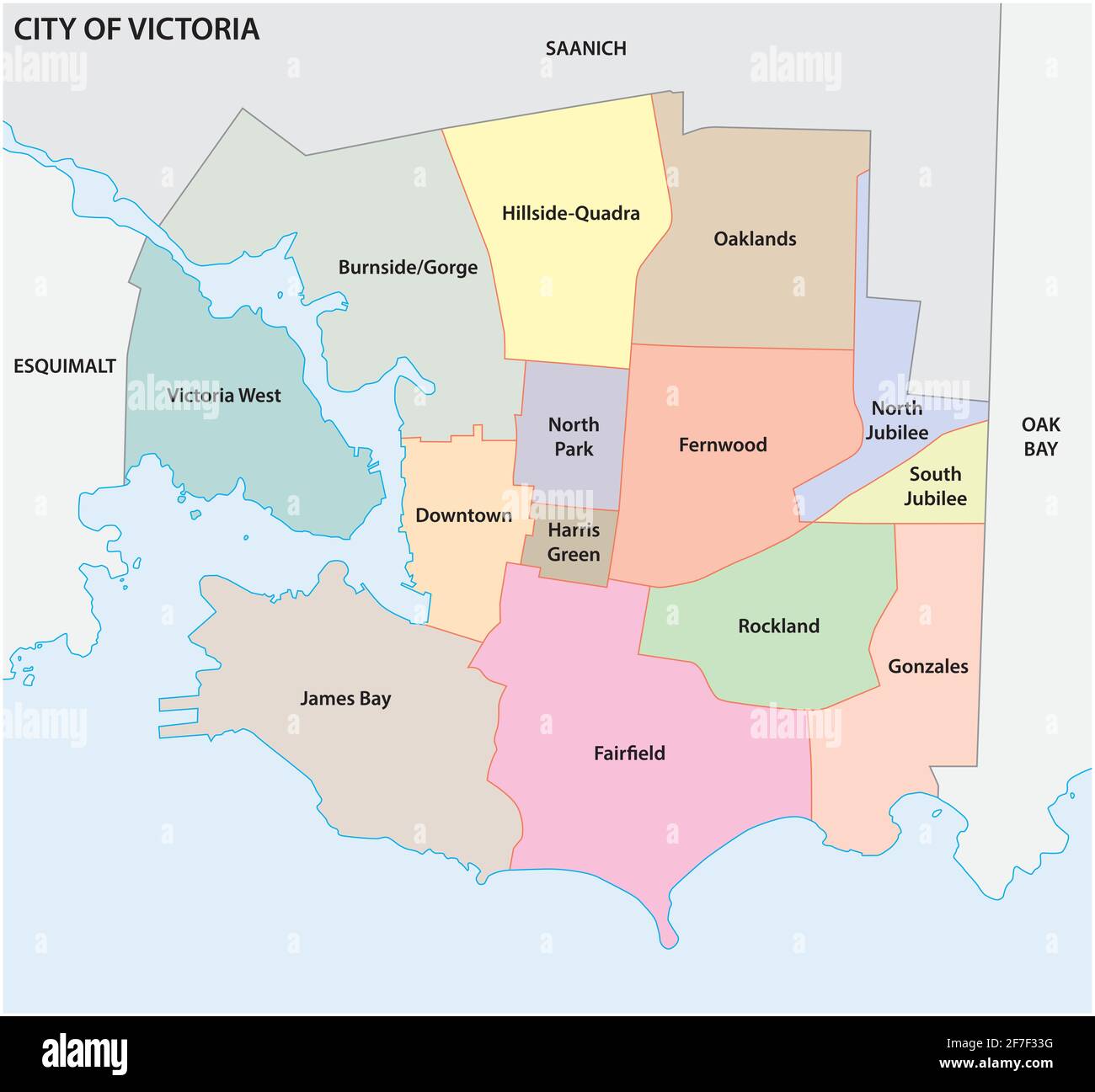 mapa del barrio de la capital victoria, isla de vancouver, columbia británica, canadá Ilustración del Vector